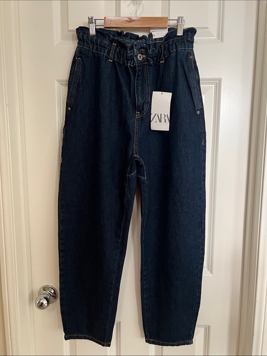 Zara Denim - Zara Dark Indigo Paperbag Waist Cropped Jeans